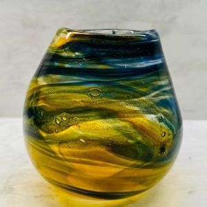 Heavy glass 5” vase or cup university of Michiga colors- maize & blue swirl.